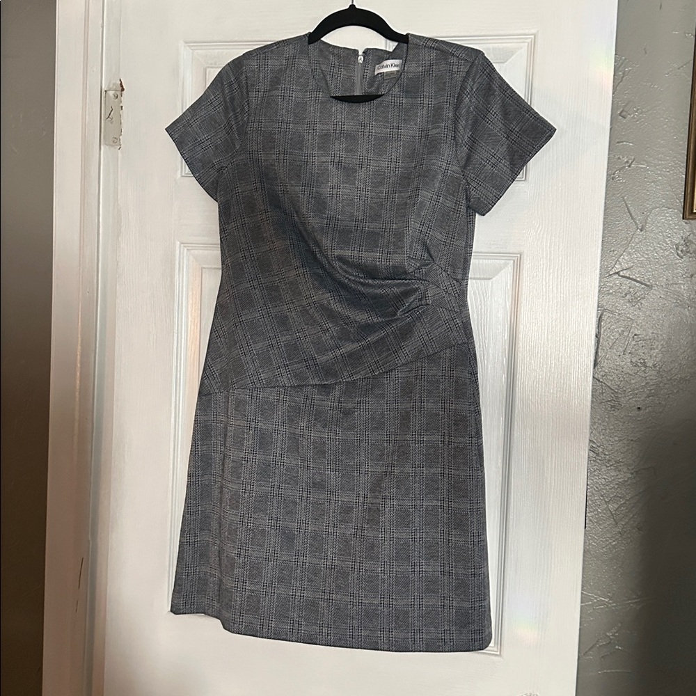 Calvin Klein Blue and Gray Plaid Patterned Mini Dress